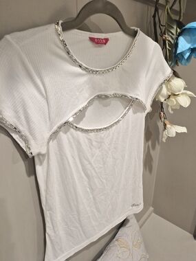 GUESS Cleavage Cutout Short Sleeve Top with Rhinestone Jewel Sparkle Bling Trim